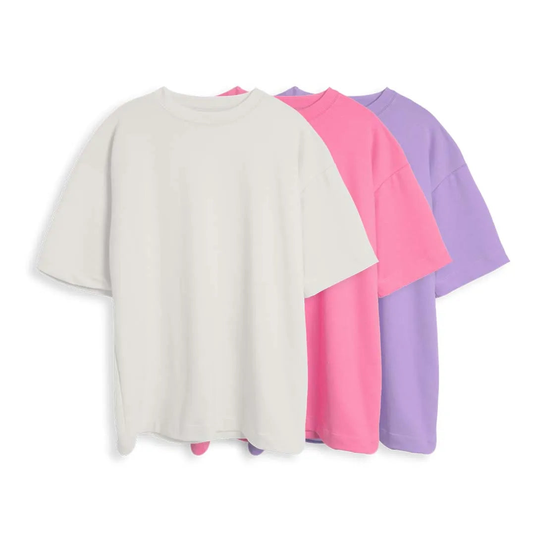 CAMISETA OVERSIZE X3 - (BLANCO, ROSA NEON, LILA)