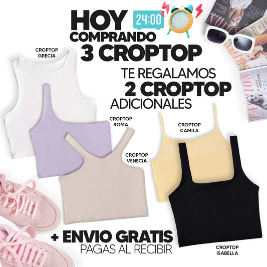 PAGA 3 CROPTOP Y LLEVA 5 (VARIADOS) - GRECIA (BLANCO) ISABELLA (NEGRO) ROMA (LILA) CAMILA (AMARILLO) VENECIA (CAMEL)