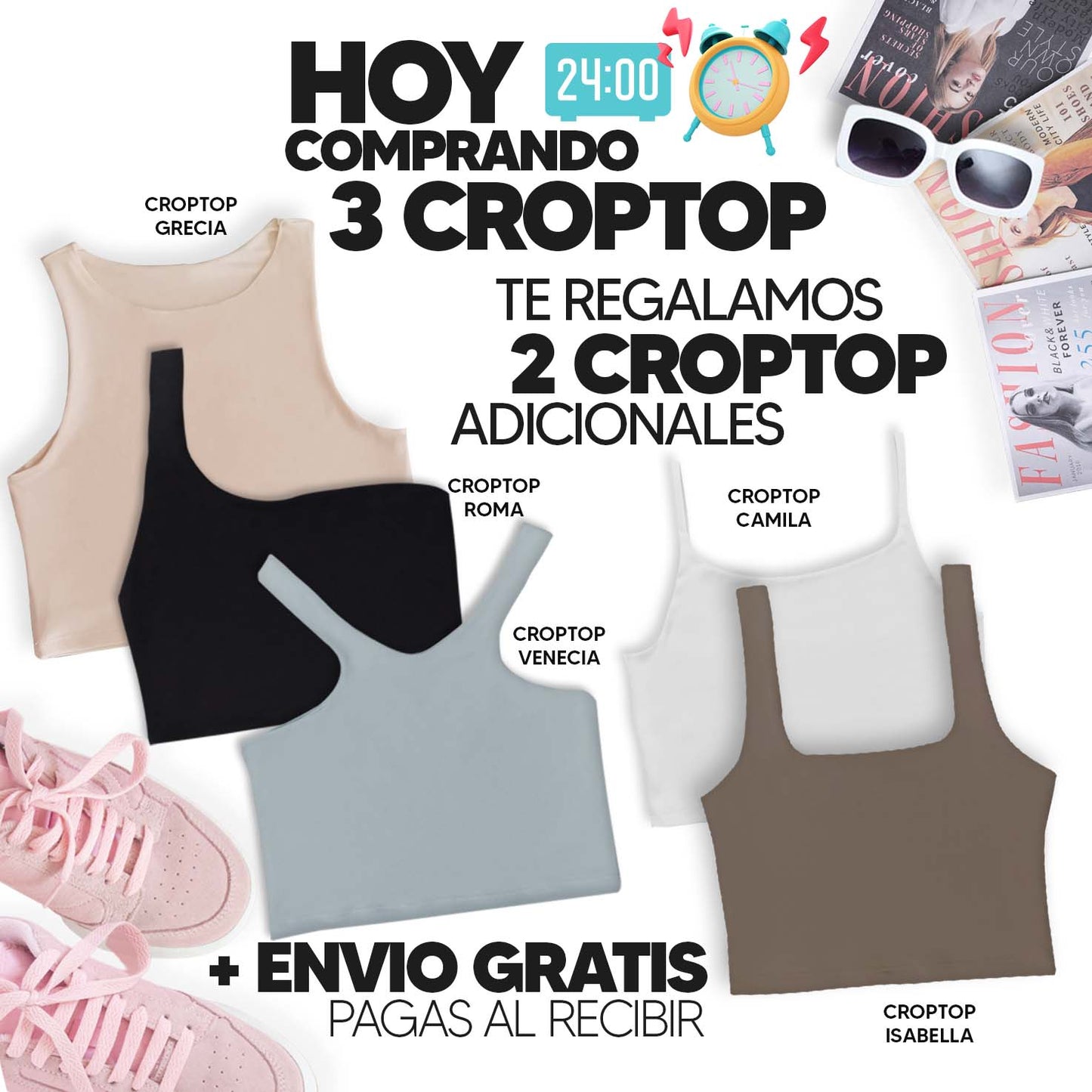 PAGA 3 CROPTOP Y LLEVA 5 (VARIADOS) - GRECIA (CAMEL) ISABELLA (CHOCOLATE) ROMA (NEGRO) CAMILA (BLANCO) VENECIA (OLIVA)