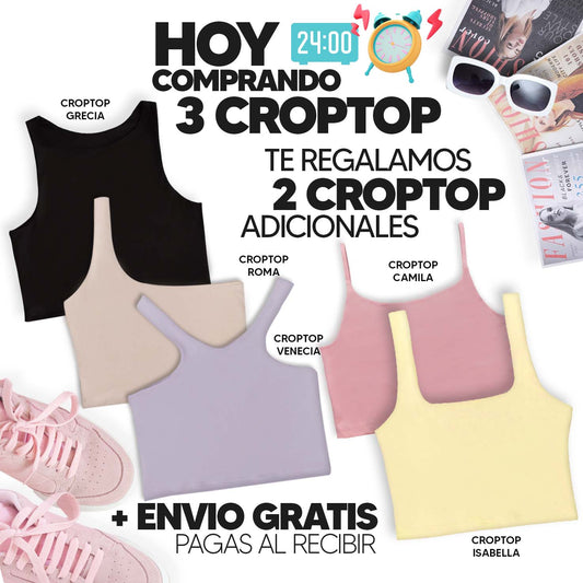 PAGA 3 CROPTOP Y LLEVA 5 (VARIADOS) - GRECIA (NEGRO) ISABELLA (AMARILLO) ROMA (CAMEL) CAMILA (ROSADO) VENECIA (LILA)