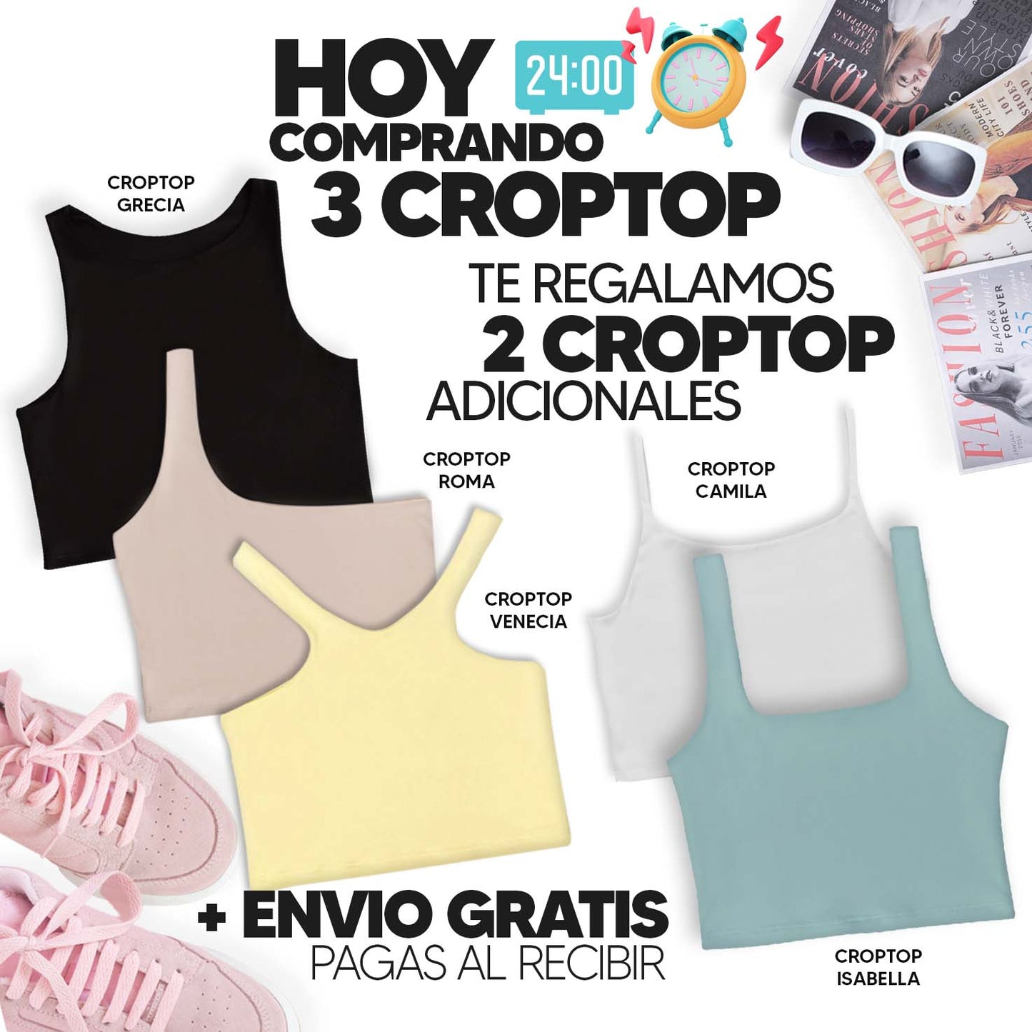 PAGA 3 CROPTOP Y LLEVA 5 (VARIADOS) - GRECIA (NEGRO) ISABELLA (OLIVA) ROMA (CAMEL) CAMILA (BLANCO) VENECIA (AMARILLO)