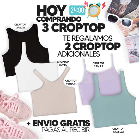 PAGA 3 CROPTOP Y LLEVA 5 (VARIADOS) - GRECIA (NEGRO) ISABELLA (OLIVA) ROMA (BLANCO) CAMILA (LILA) VENECIA (CAMEL)