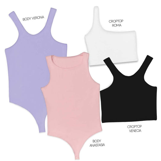 LLEVA 2 BODYS + 2 CROPTOP (REGALO) - VERONA (LILA) ANASTASIA (ROSADO) ROMA (BLANCO) VENECIA (NEGRO)