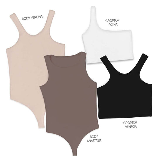 LLEVA 2 BODYS + 2 CROPTOP (REGALO) - VERONA (CAMEL) ANASTASIA (CHOCOLATE) ROMA (BLANCO) VENECIA (NEGRO)