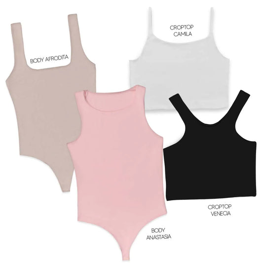 LLEVA 2 BODYS + 2 CROPTOP (REGALO) - AFRODITA (CAMEL) ANASTASIA (ROSADO) CAMILA (BLANCO) VENECIA (NEGRO)