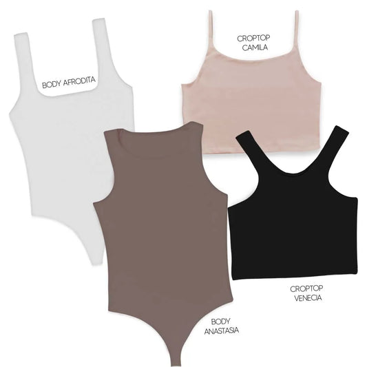 LLEVA 2 BODYS + 2 CROPTOP (REGALO) - AFRODITA (BLANCO) ANASTASIA (CHOCOLATE) CAMILA (CAMEL) VENECIA (NEGRO)