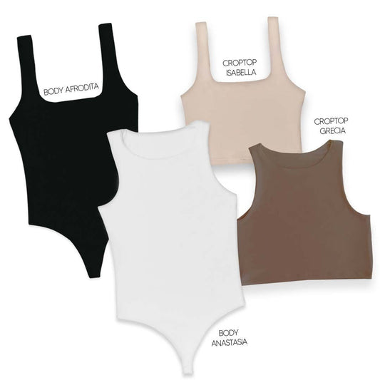 LLEVA 2 BODYS + 2 CROPTOP (REGALO) - AFRODITA (NEGRO) ANASTASIA (BLANCO) ISABELLA (CAMEL) GRECIA (CHOCOLATE)