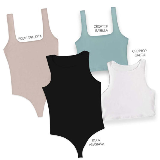 LLEVA 2 BODYS + 2 CROPTOP (REGALO) - AFRODITA (CAMEL) ANASTASIA (NEGRO) ISABELLA (OLIVA) GRECIA (BLANCO)