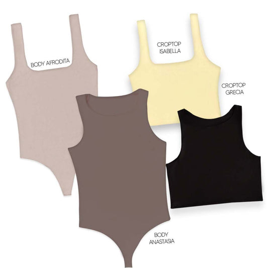 LLEVA 2 BODYS + 2 CROPTOP (REGALO) - AFRODITA (CAMEL) ANASTASIA (CHOCOLATE) ISABELLA (AMARILLO) GRECIA (NEGRO)