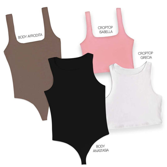 LLEVA 2 BODYS + 2 CROPTOP (REGALO) - AFRODITA (CHOCOLATE) ANASTASIA (NEGRO) ISABELLA (ROSADO) GRECIA (BLANCO)